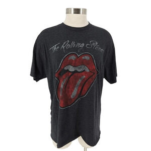 The Rolling Stones Logo Graphic Band Tee Shirt Gray Short Sleeve Rolled Hem Top